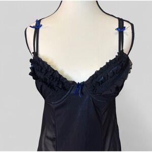 Per Lei Black Sheer Babydoll Chemise Ruffle Bows‎ Blue Accent Size M